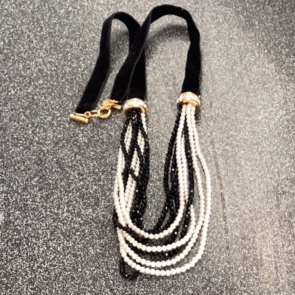 Talbots Pearl and Crystal Long Statement Necklace on Velvet Ribbon